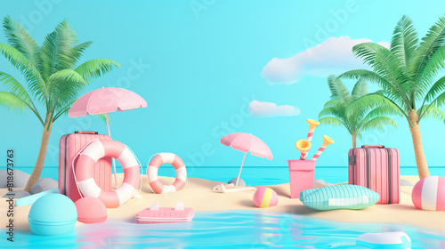 Summer beach vacation scene featuring summer sales stand and beach accessories for displaying products, creative travel concept for product display, 3d