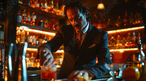 A cool bartender in a suit manufactures a cocktail