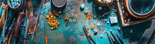 Creating handmade jewelry with precious stones and metals in a jewelers bench Theme: jewelry making - top view - delicate precision - advanced tone - Split-complementary color sche