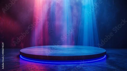 Geometric pedestal to display cosmetic products Stage performance on a studio podium The 3D background product shows the glowing neon scene of the stage podium room.