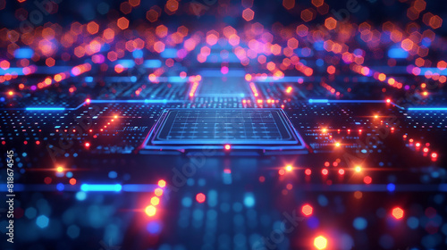 Abstract background of futuristic main processor chip with circuit lines. Bright area. Square stand. Bright stage. Exhibition area. Central axis. Demonstration place. 3D rendering. photo