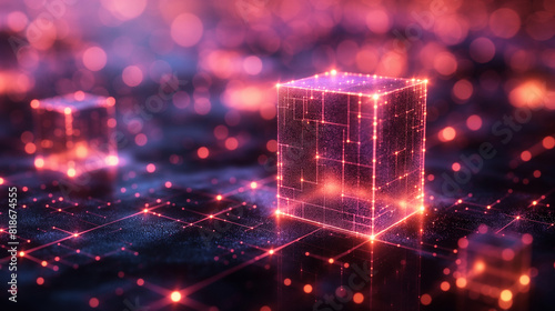 Blockchain technology network connection big data visualization cyber security background Abstract dark background. Transparent box. Shine square.