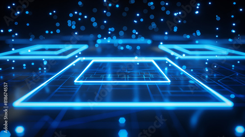 Abstract background of futuristic main processor chip with circuit lines. Bright area. Square stand. Bright stage. Exhibition area. Central axis. Demonstration place. 3D rendering. photo