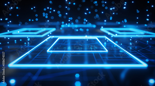 Abstract background of futuristic main processor chip with circuit lines. Bright area. Square stand. Bright stage. Exhibition area. Central axis. Demonstration place. 3D rendering.