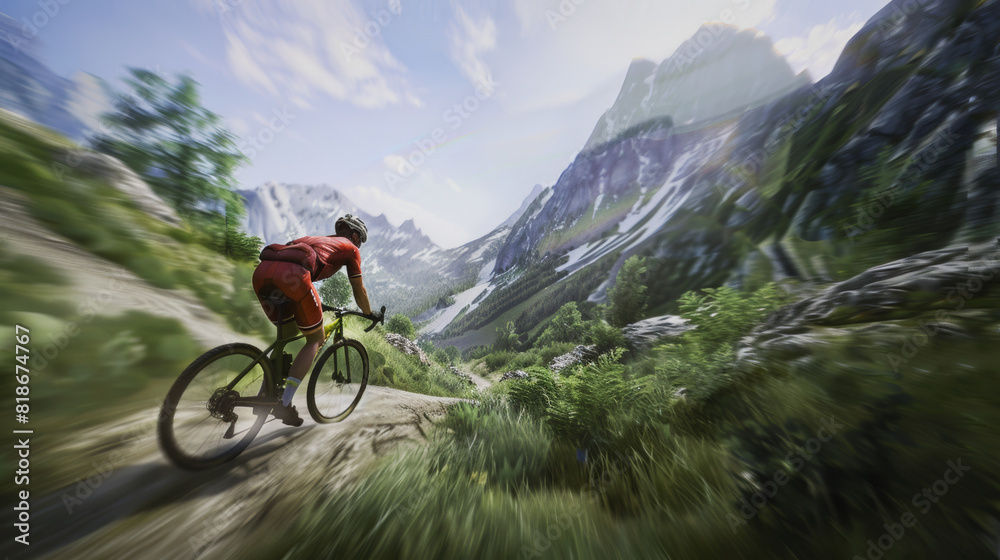Cyclist speeding down a breathtaking mountain trail, blur conveying motion. Cyclist speeding down a breathtaking mountain trail, blur conveying motion.
