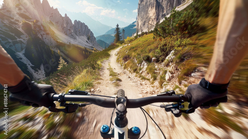 Mountain biker's thrilling POV on a sunlit trail through rugged terrain.