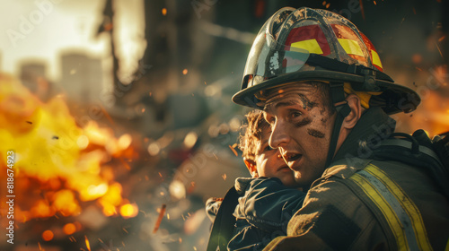 A heroic firefighter cradles a victim, amidst a fiery blaze and swirling smoke.