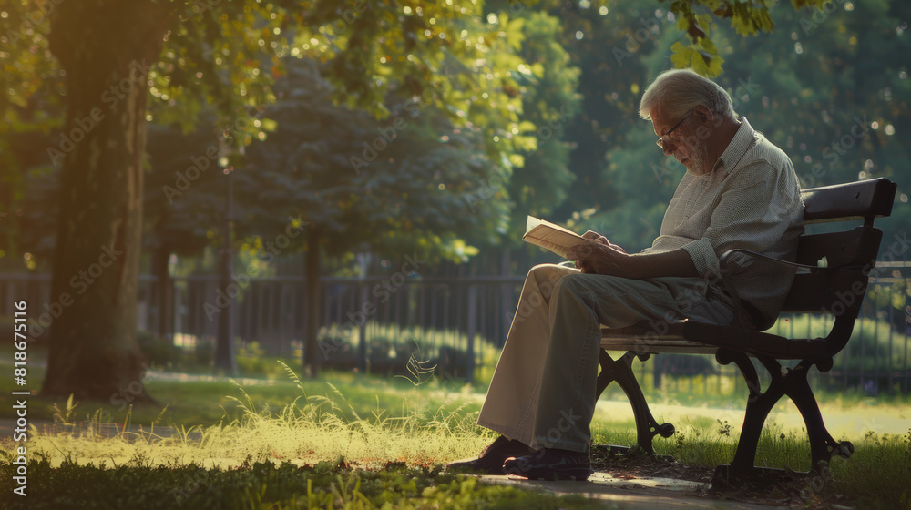 An elderly man reads a book on a sunlit bench, enveloped in a quiet park's serenity.