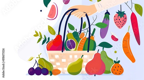 A hand holding a basket full of fruits and vegetables. The basket is overflowing with healthy and colorful produce.