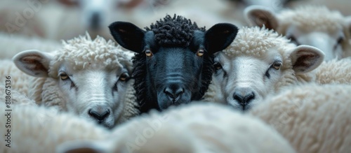 black sheep stands out among a flock of white sheep, looking directly at the viewer photo