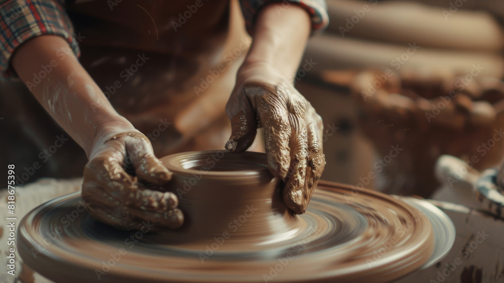 Close-up of hands skillfully forming pottery on a turning wheel.