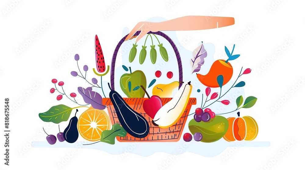 Naklejka premium A hand holding a basket full of fruits and vegetables