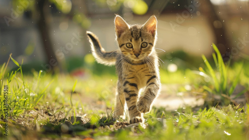 Tabby kitten struts through the grass, its sprightly spirit basking in sun-dappled play.