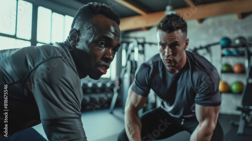 Two men intensely training together in a well-equipped gym.