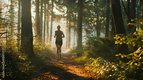 Morning runner strides through a misty forest trail, embraced by tranquil sunlight.