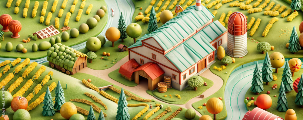Landscape with a farm, top view in the style of a 3d children's illustration. Agricultural industry. A poster for children. A rural landscape with a house, a barn, a vegetable garden.