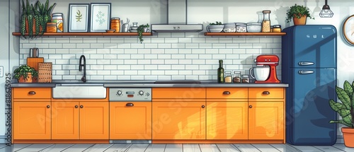 Kitchen in the form of simple lines Use vector lines on a clean background.