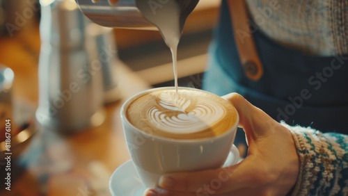 Artistic close-up of a barista's hands pouring milk into coffee, creating a latte art heart.
