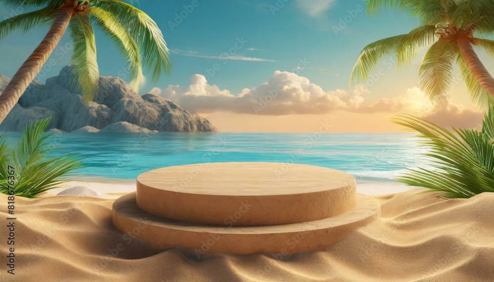 Obraz premium Beach podium summer background sand product 3D sea display platform