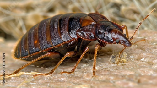 Detailed close up of black bedbug on beige carpet, highlighting distinctive white spots