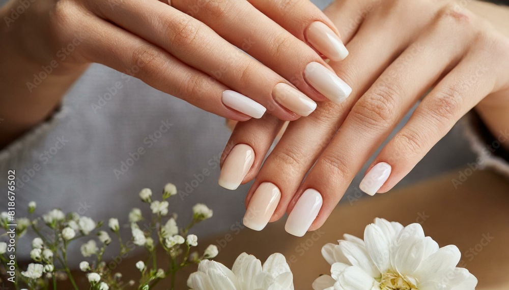 Closeup to woman hands with elegant neutral colors manicure Closeup to woman hands with elegant neutral colors manicure