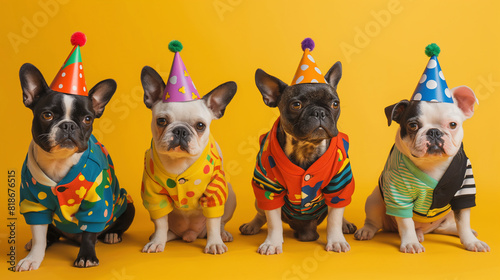 Portrait photos outstanding dog Cute wearing a colorful fashion shirt. Pink and white. Web banner with copy space for text. Celebrate new year. Festival.