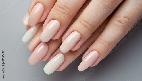 Closeup to woman hands with elegant neutral colors manicure
