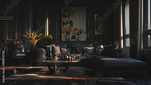 Luxurious dark interior design with golden accents and tasteful decor in a cozy setting. photo