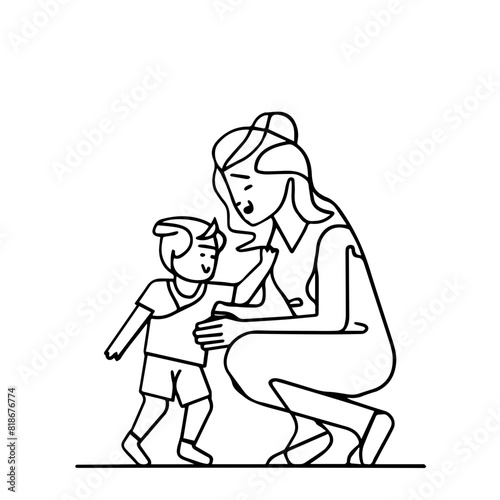 mom and son line art illustration flat design