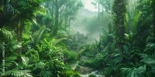 A lush green rainforest with towering trees  dense foliage  and a small stream running through the center of the frame
