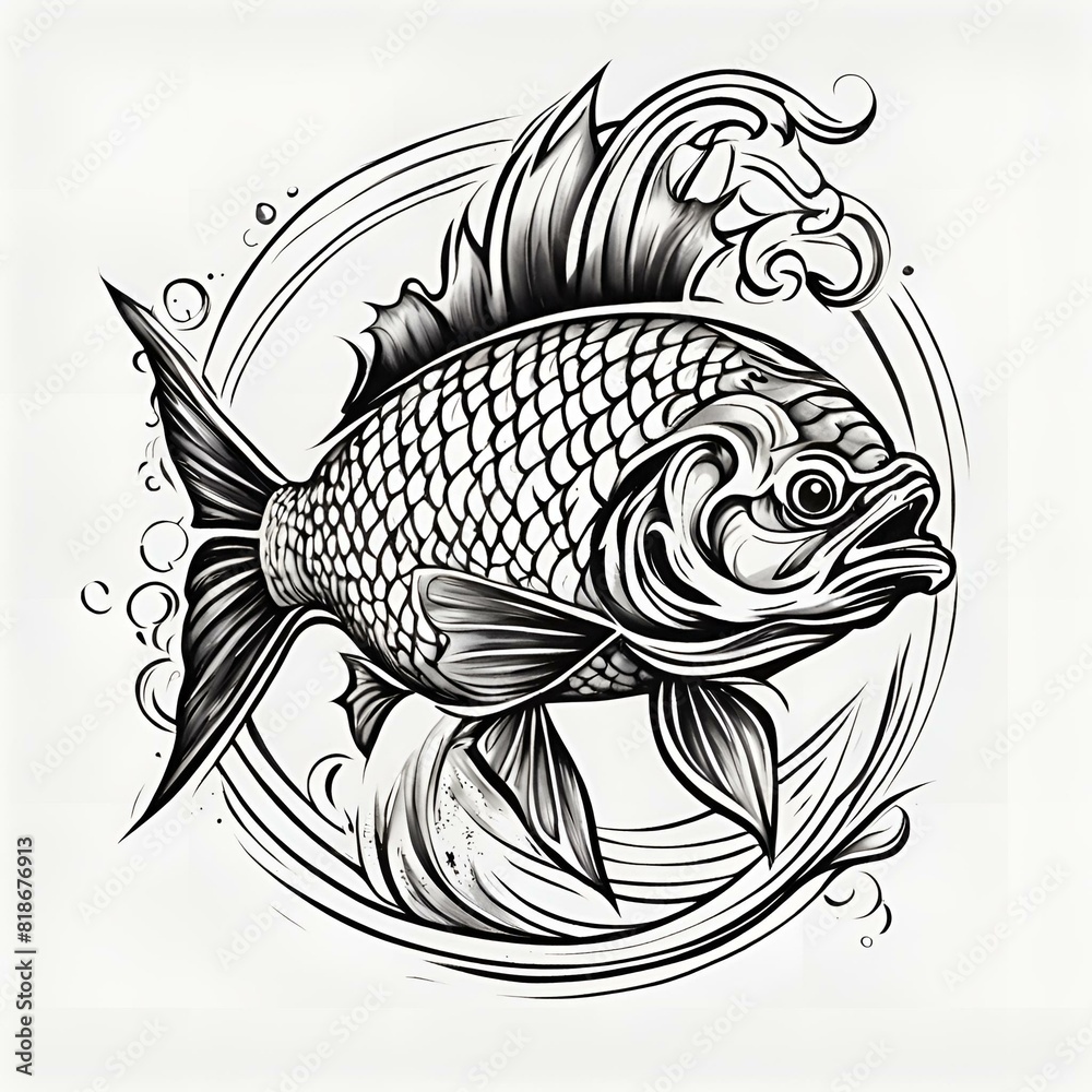 Fototapeta premium tattoo old school fish black and white, Generative AI