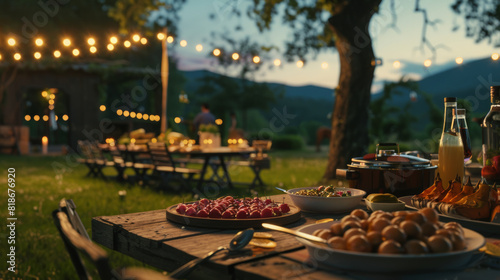 Al fresco dining scene with a table set for an intimate evening under string lights.