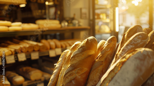 Warm sunlight caresses a stack of crusty baguettes in a cozy bakery setting.