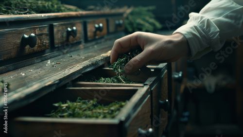 Aromatic herbs are handpicked from a vintage apothecary drawer, evoking tradition.