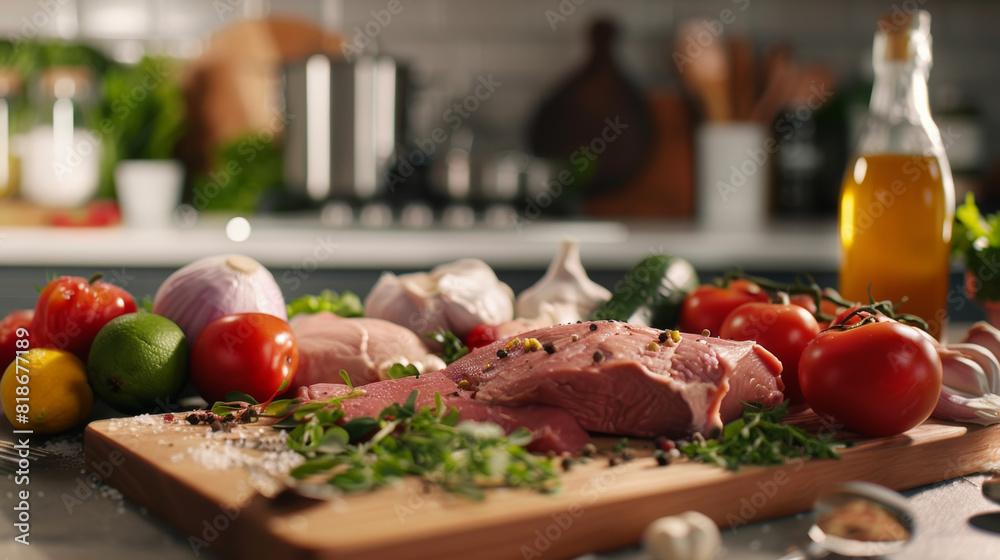 Fresh ingredients and a raw, herb-garnished meat await cooking on the chef's table. Fresh ingredients and a raw, herb-garnished meat await cooking on the chef's table.