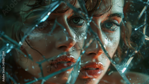A captivating gaze through shattered glass  reflecting a fractured yet beautiful soul.