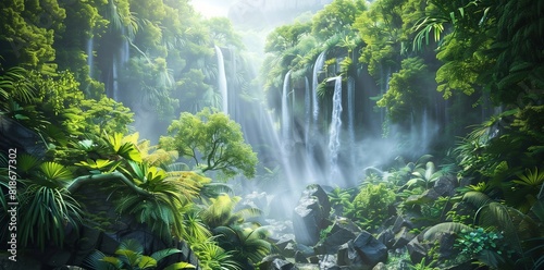 A lush green rainforest with towering trees  exotic plants and waterfalls cascading down the rugged terrain