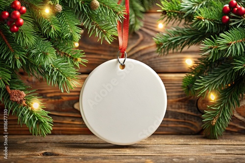 Blank christmas ornament hanging on festive tree background