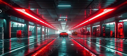 Red Sports Car in Neon-Lit Tunnel