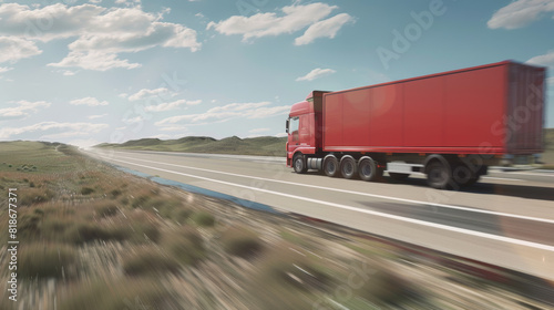 A red semi-truck in motion on a vast highway  embodying the spirit of long-haul trucking.