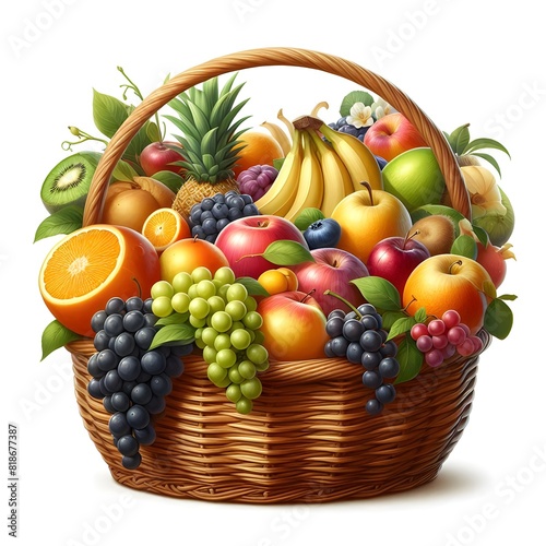 Assorted fresh fruits in a basket against on white background