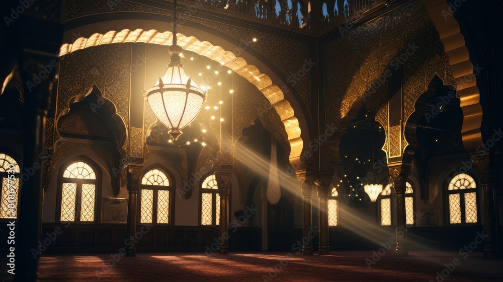  Illuminated crescent moon in ornate mosque interior