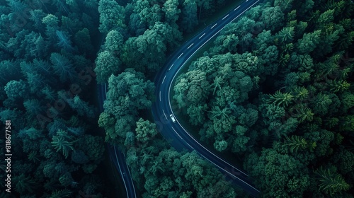 Aerial view of a curved road through a green forest shown in a top down aerial drone photo with cars driving on the asphalt road © Zhenrui