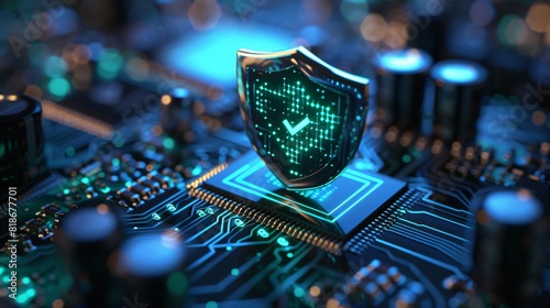 Secure digital shield on a microchip, representing cybersecurity technology and data protection in a high-tech environment.
