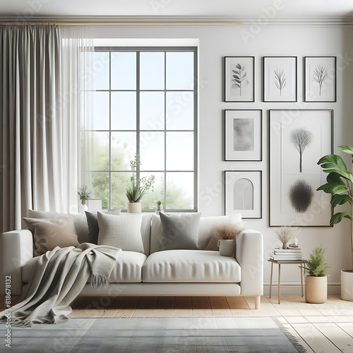 A living Room with a mockup poster empty white and with a couch and plants art has illustrative used for printing attractive.