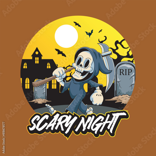 Happy Halloween Skull Grim Reaper Graveyard Night badge and label sticker, banner, patch, greeting card and invitation Vector illustration