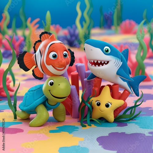 3D illustration of cute fish, dolphin, star Fish coral reefs isolated on a sea background. Modern cartoon illustration of seabed design elements, colorful aquatic plants, and hammerhead shark.