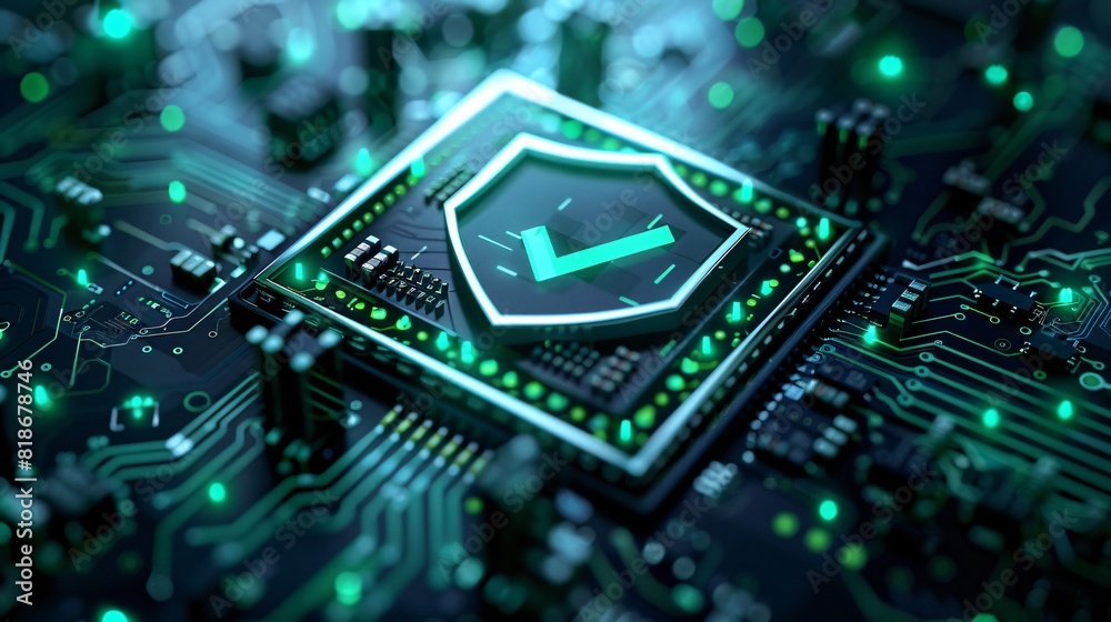Fototapeta premium Futuristic cybersecurity concept with a glowing shield icon on a microchip, representing data protection and secure technology.