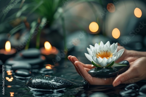 Serene Spa Ambiance With Hands Cradling a Lotus Flower at Sunset