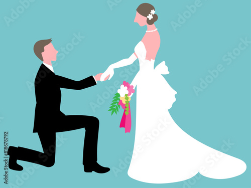 ひざまずいて花嫁の手を取る花婿を横から見たベクターイラストレーション photo